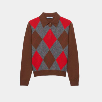 [Prada] 프라다 아가일 캐시미어 폴로 스웨터 토바코 슬레이트